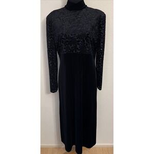 KC Spencer New York Black Velvet Burnout Floral Mock Neck Long Sleeve Dress 12